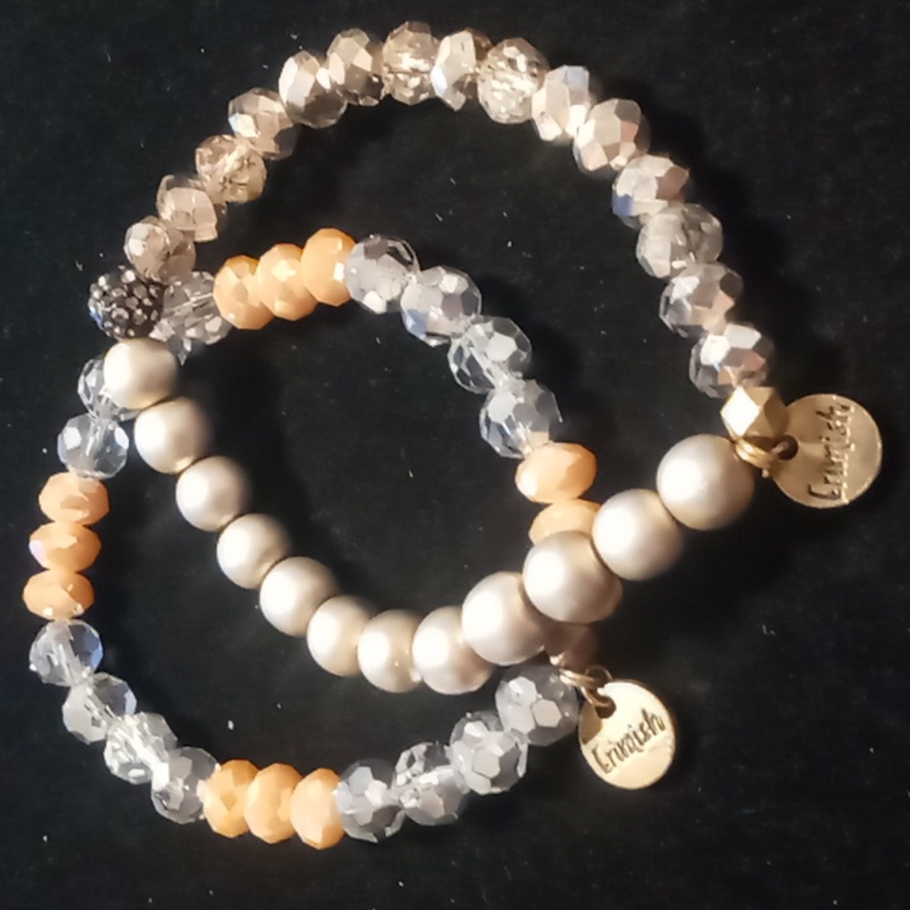 Erimish expandable bracelets opalescent peach, gold, silver glass EUC